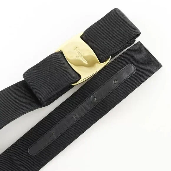 Salvatore Ferragamo Vala Ribbon belt 8046 Black / Gold Hardware canvas/Pla...